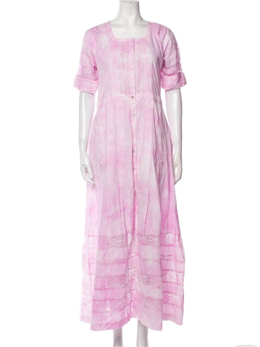 Love  Shack Fancy - Tie -DyeLight Pink Lace-Trim Button Front Maxi Dress